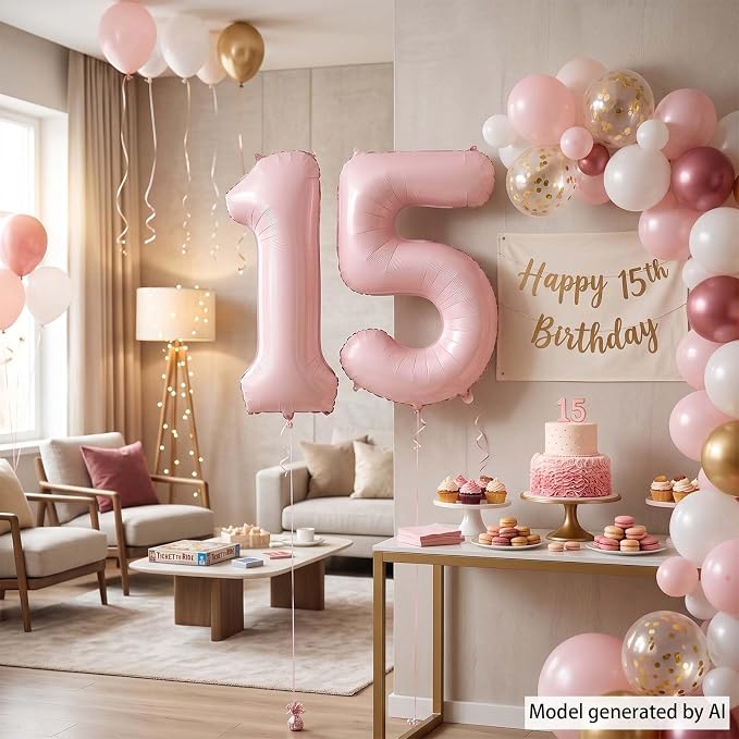 Baby Pink Number 15 Balloon 40 Inch, Foil Digits Festive Party Supplies | - Image 7