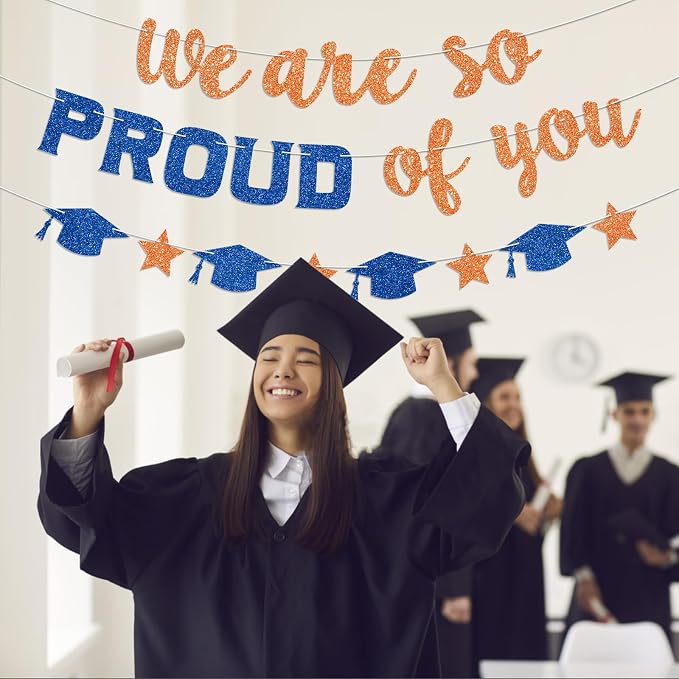We Are So Proud of You Banner Prestrung Orange and Blue Graduation Banner - Image 6