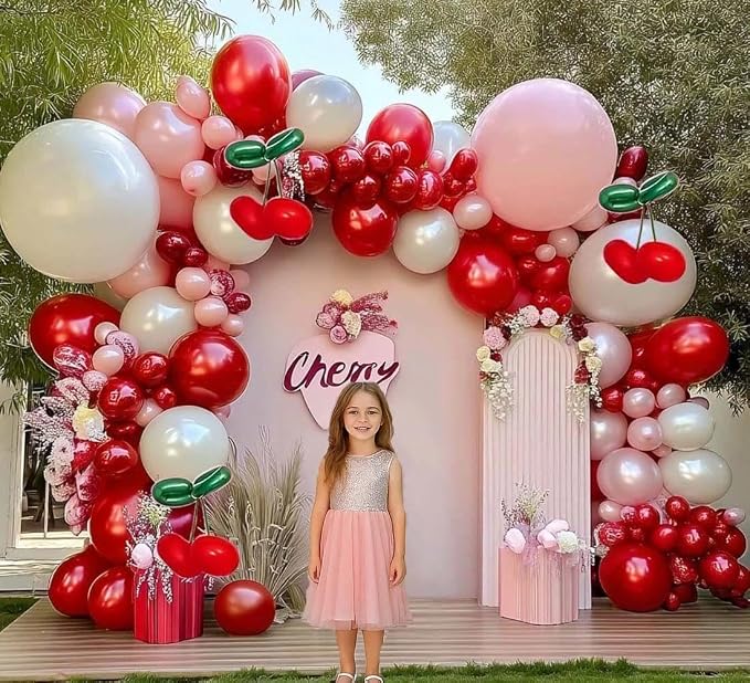 Red Pink Balloon Arch Double Stuffed Latex Pink White Pearl Balloons Red Green - Image 9