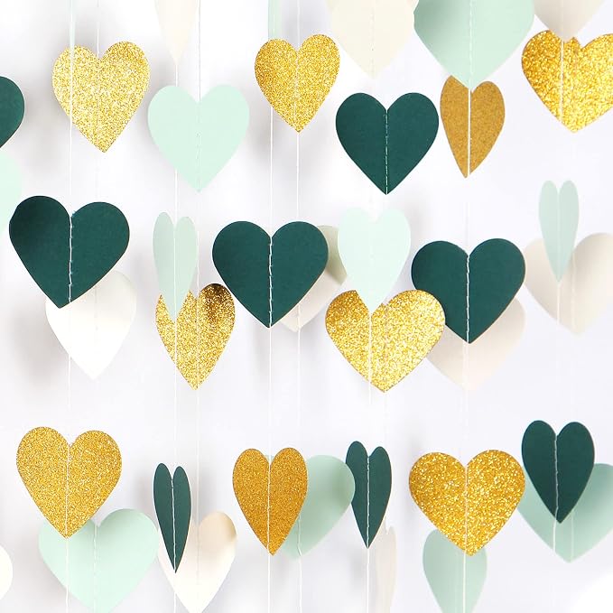 Sage-Green Mint Beige-Gold Love-Heart Garland - 52Ft Rustic Wedding Hanging - Image 4