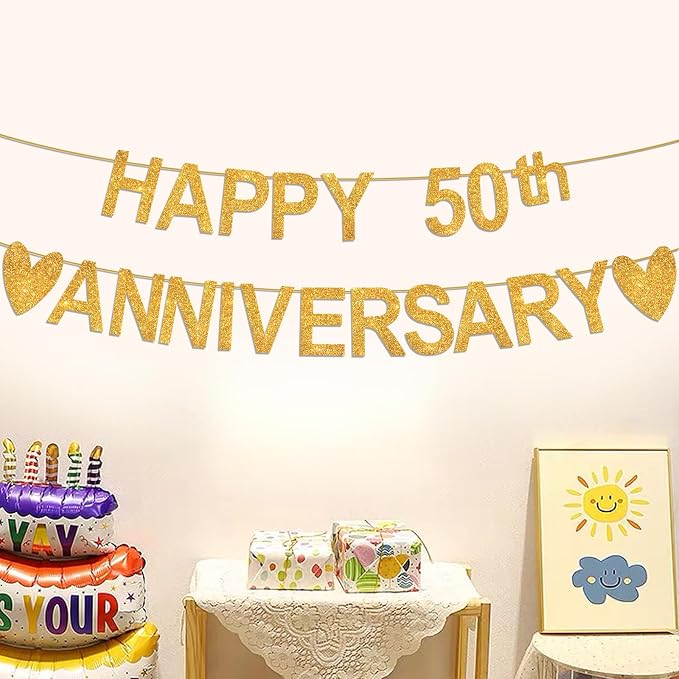 Happy Anniversary Banner, Custom Gold Glitter 10 20 30 40 50 60 70 80 90th Any - Image 6