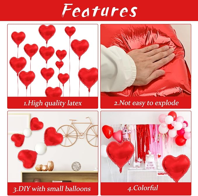 Biapian Foil Heart Balloons Red, Valentines Balloons 18inch Red Foil Balloons - Image 8
