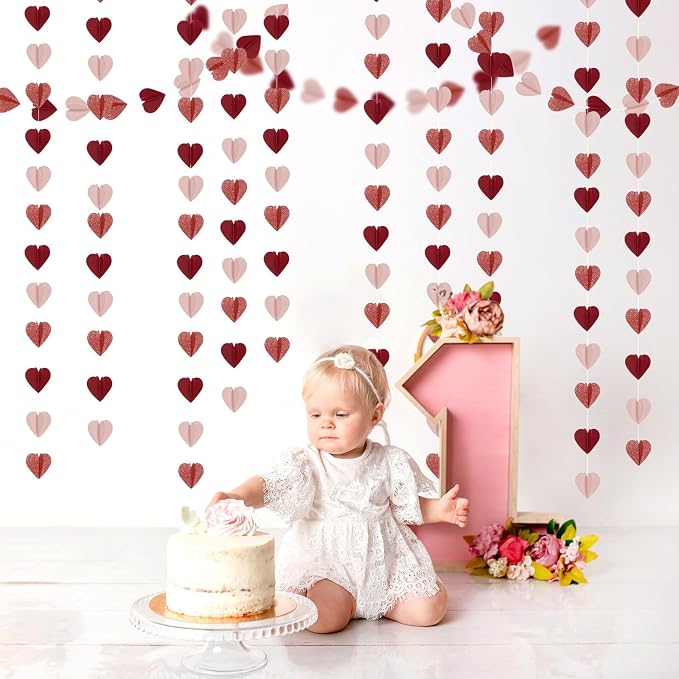 Rose-Gold Pink Burgundy-Red 3D-Heart Garland - 39Ft Galentines Valentines Day - Image 7