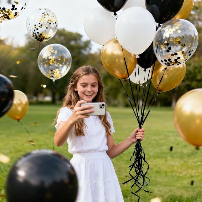 Black Gold Balloons 60Pcs 12 Inch Confetti Latex Balloon Set - Image 8