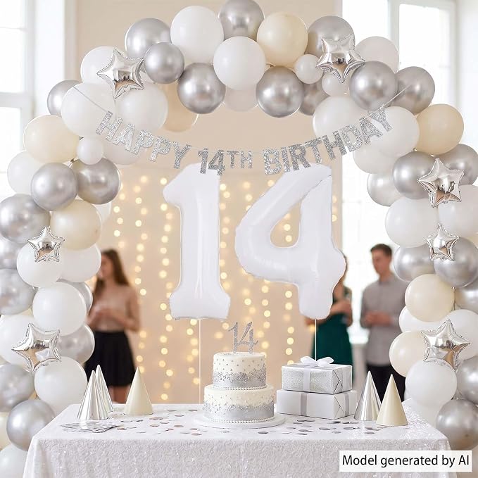 White Number 14 Balloon 40 Inch, Large Matte White 1 and 4 Foil Balloons Set - Image 7