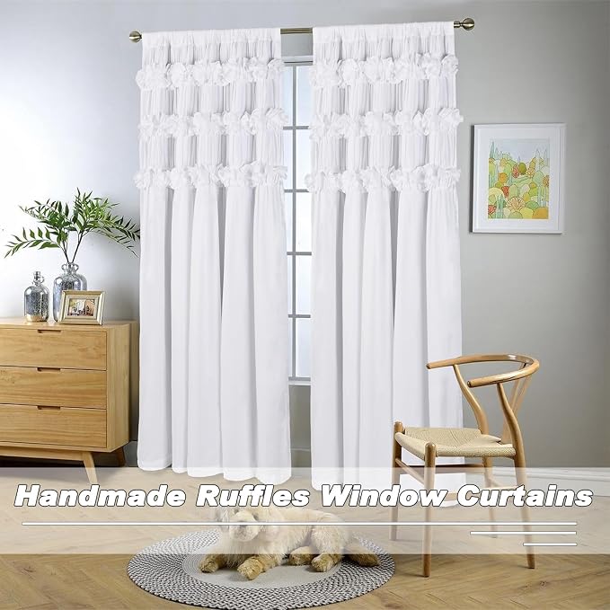 White Thermal Insulated Blackout Drapes 52"W x 96"L | Handmade Ruffles & - Image 8