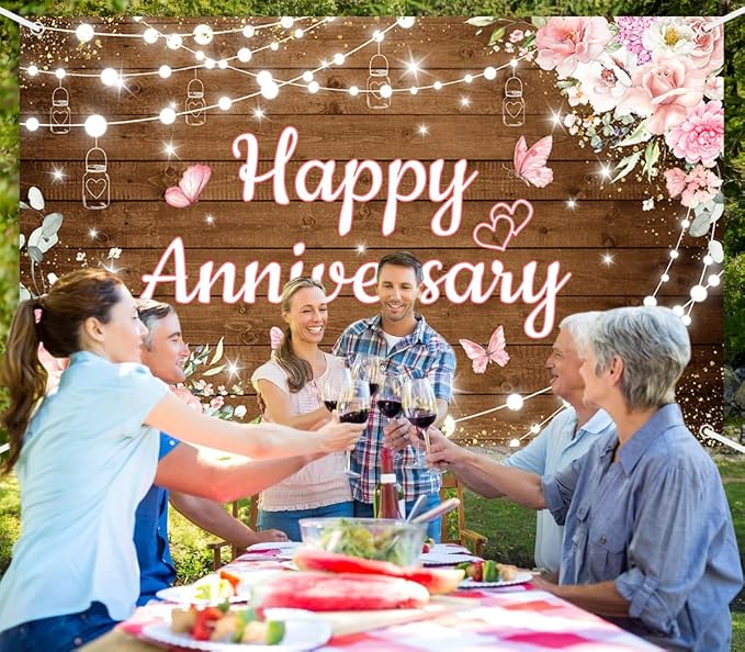 AIBIIN Pink Floral Happy Anniversary Banner Backdrop 6x3.6ft | Happy - Image 6