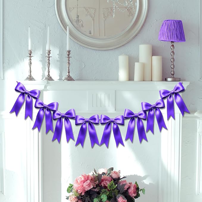 1 String of 8PCS Purple Bow Garland Banner Decoration, Pre-Strung Satin Ribbon - Image 7