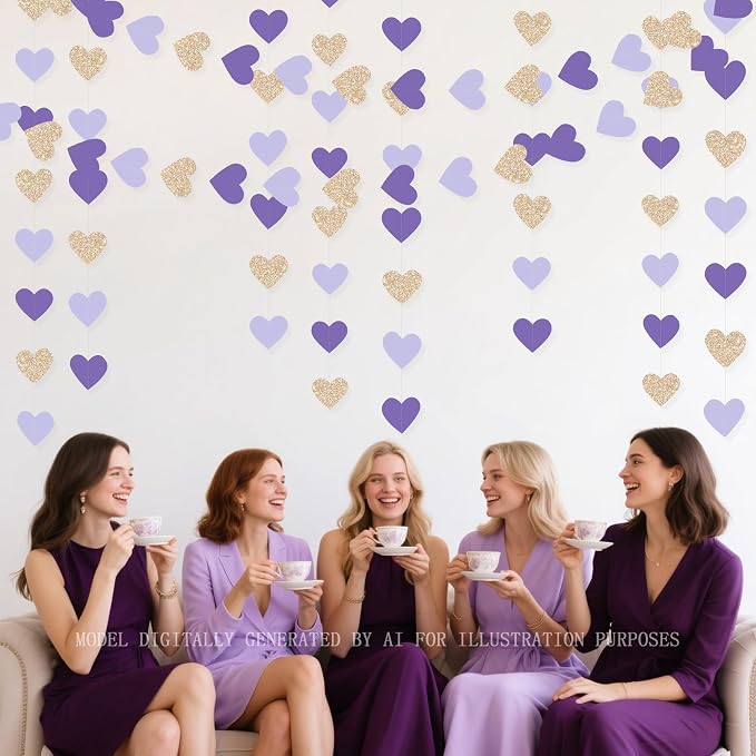 Champagne Gold Purple Heart Party Decorations Glitter Paper Love Heart Hanging - Image 9