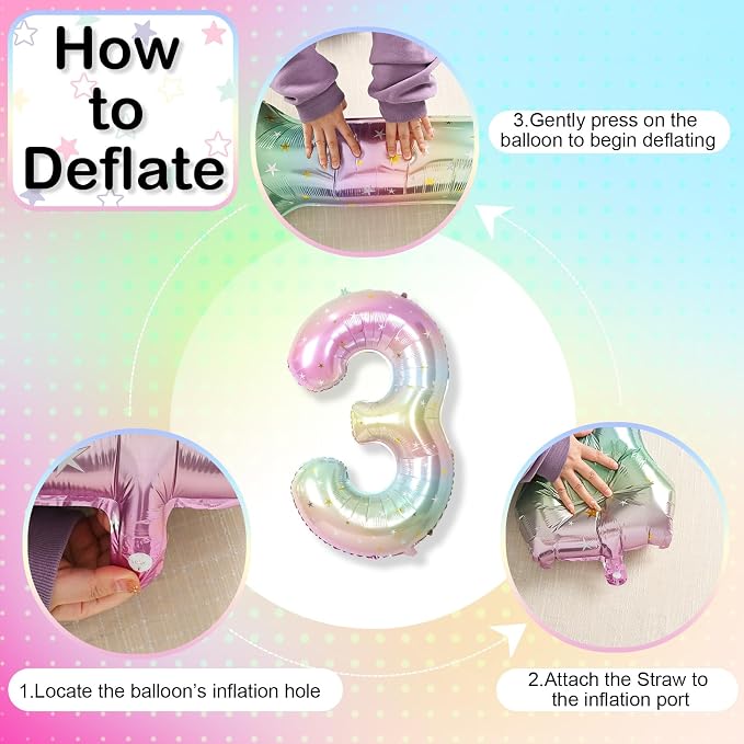3rd Birthday Balloons for Girls, 40‘’ Foil Self Inflating Rainbow Stars Number - Image 9