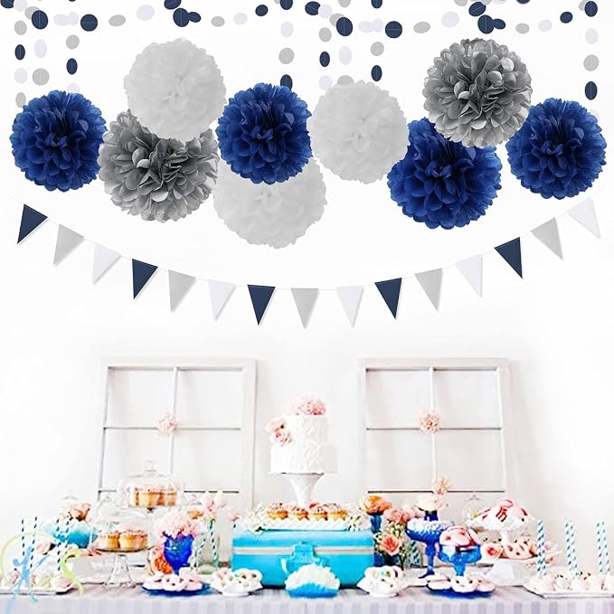 Navy-Blue White Silver Tissue Pom-Poms - Image 7