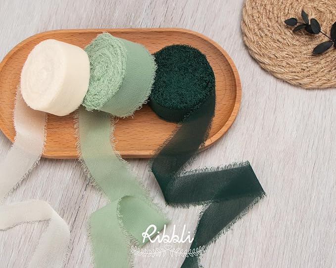 Ribbli Sage Green Ribbon 1 Inch x 3 Rolls Total 24 Yards Green Handmade Fringe - Image 4