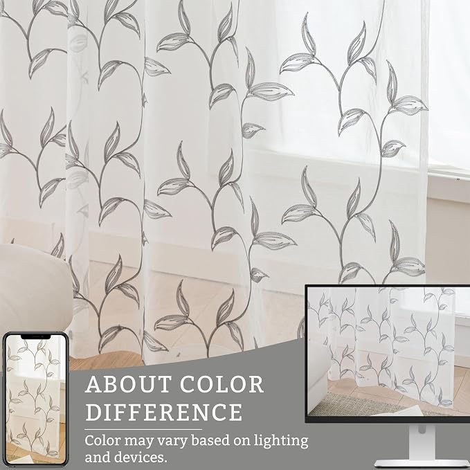 Sheer Curtains Boho Leaf Floral Embroidered Grey 54Wx90L | Light Filtering Semi - Image 8