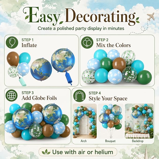 Earth Balloons, 12 Inch Green Brown Blue Cloud Print Balloons - Image 8