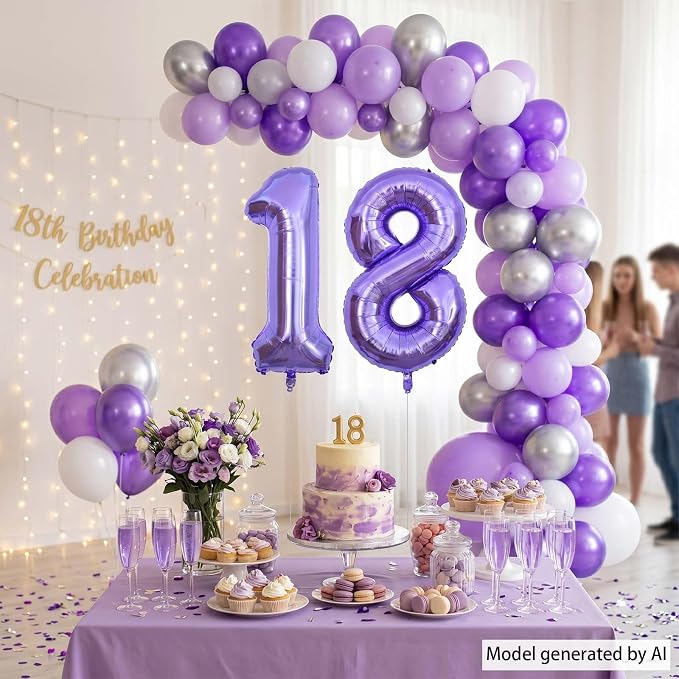 Purple Number 18 Balloon 40 Inch, Large Metallic Lavender Mylar Foil 18th - Image 7
