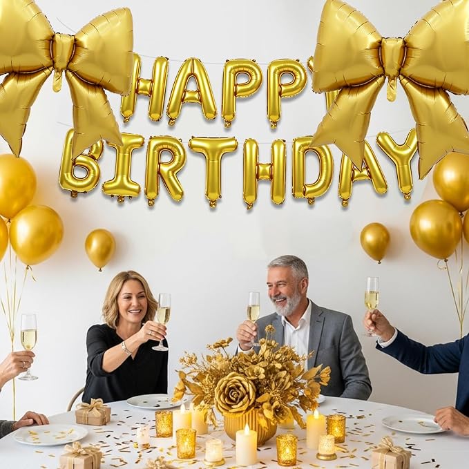 Vuzvuv Gold Happy Birthday Balloons, 38 Inches Huge Bow Aluminum Foil Balloons - Image 6