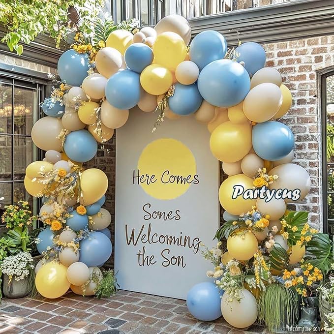 Blue Yellow Balloon Arch Kit Double Stuffed Light Yellow Pastel Blue White Sand - Image 9