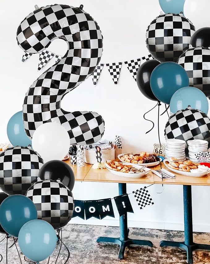 Race Car Balloon Bundle Blue Black 40 Inch Checkered Number Balloon 2 | Black - Image 4