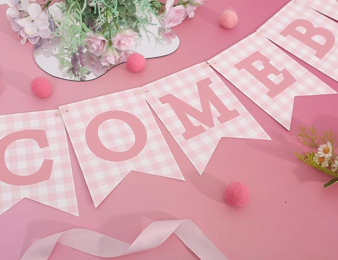 Pink Gingham Welcome Baby Shower Banner - Image 7