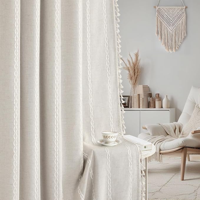 80% Boho Blackout Curtains 90 Inch Linen Blend Drapes 2 Panels | Vintage - Image 8