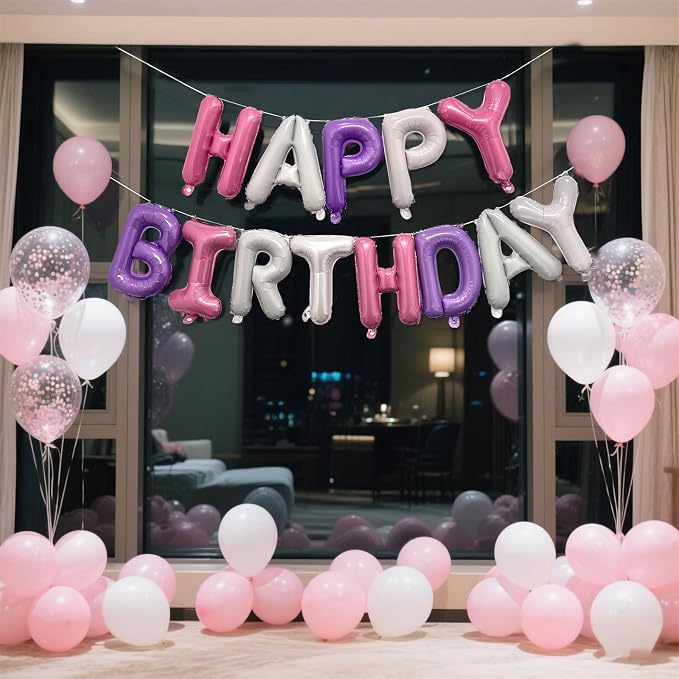 Pink Purple Happy Birthday Balloon Banner Set -16 Inch Foil Letters Balloons - Image 6