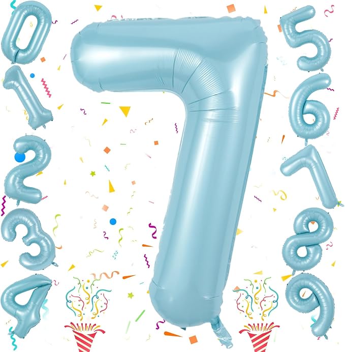 40 Inch 7th Birthday Number Balloon, Baby Blue Foil Giant Self Inflating 7 - Image 9