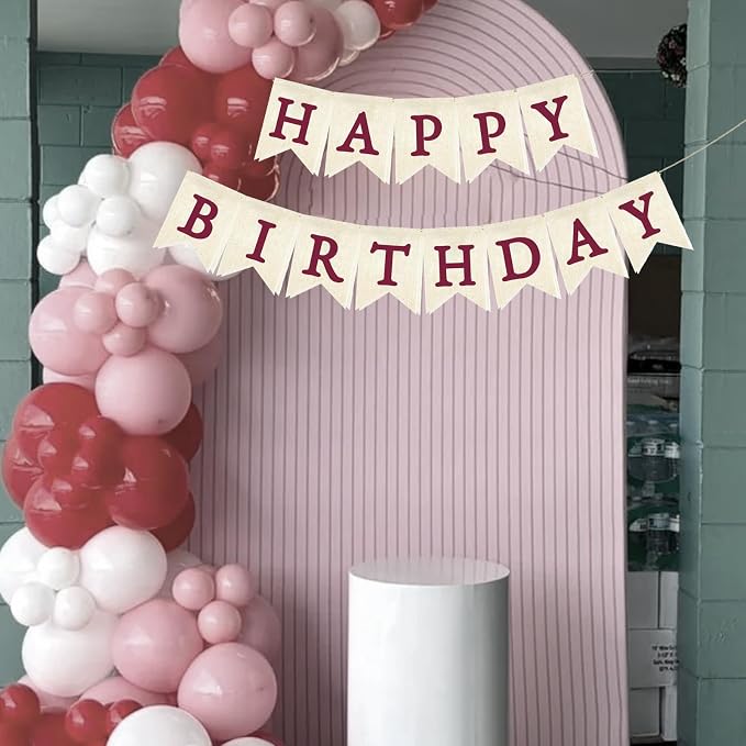 Burgundy Happy Birthday Banner Pre-strung Burlap Bunting Party Backdrop Sign - Image 6
