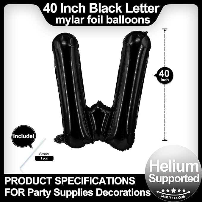 40 Inch Black Letter W Balloons, DIY Phrase Foil Alphabet Letter W Balloons DIY - Image 2