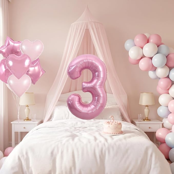 TONIFUL 3rd Birthday Balloons Kit 40 Inch Pink Large Number 3 Foil Balloon | - Image 6