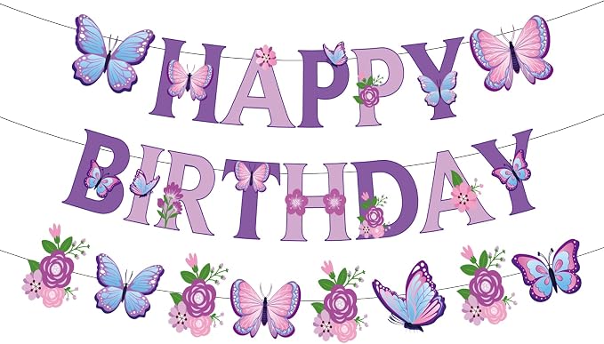 NANAGALI Pre-Strung Purple Butterfly Birthday Decorations Banner by NANAGALI