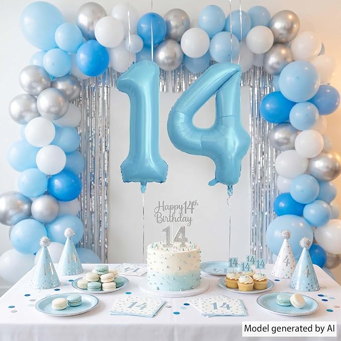 Pearlescent Blue Number 14 Balloon 40 Inch, Large Light Blue Foil 14th Birthday - Image 7