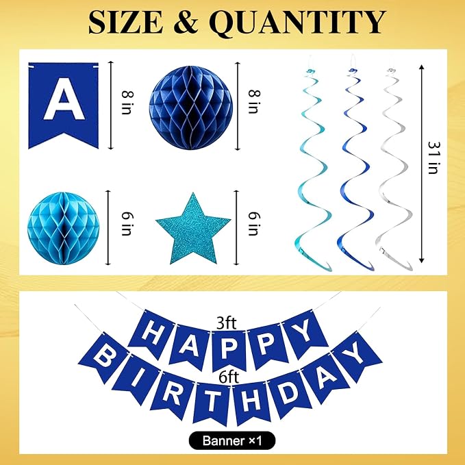 Blue Birthday Decorations for Men | Pre-Strung Happy Birthday Banner - Image 7
