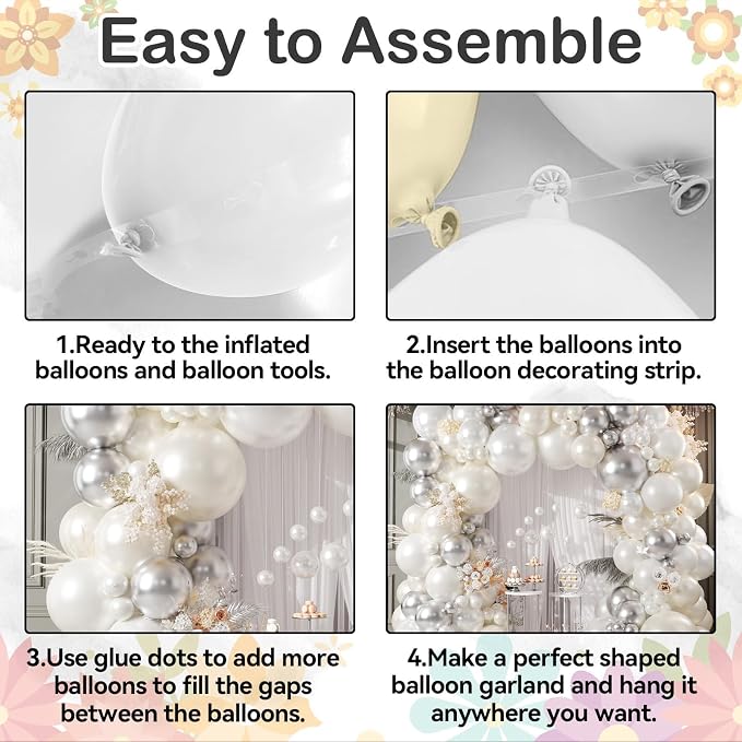 White and Silver Balloon Arch Kit, Double Stuffed Pearl Sand White Metal Silver - Image 7