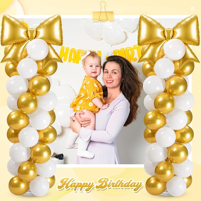 2 Sets Gold White Bow Balloon Column Stand Kit Includes 2 Bows & 100 Latex - Image 7