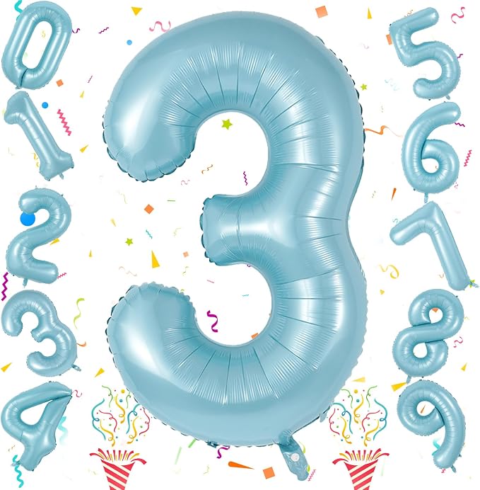 3rd Birthday Number Balloons for Kids, 40 Inch Foil Number 3 Balloons, Pastel - Image 8