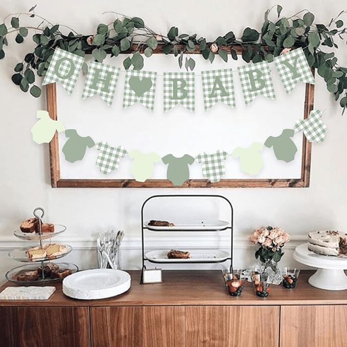 Green Gingham Baby Banner Sage Plaid Welcome Baby Shower Sign Decoration - Image 5