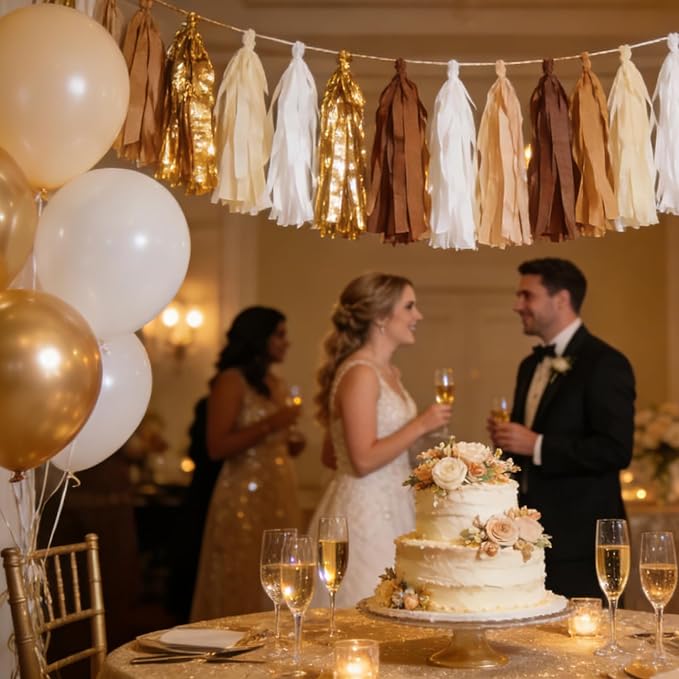 Gold and Tan Ivory Tissue Paper Tassels Party Tassel Garland Banner - Image 6