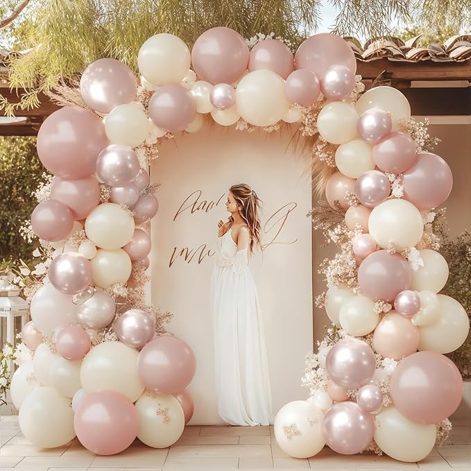Boho Dusty Pink Balloons Garland Arch Kit, Double Stuffed White Pearl Balloon - Image 9
