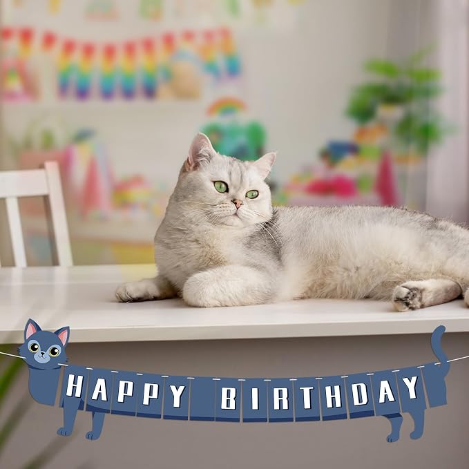 Cat Happy Birthday Banner Blue Cat Banner Bunting Flag Garland Birthday Party - Image 9
