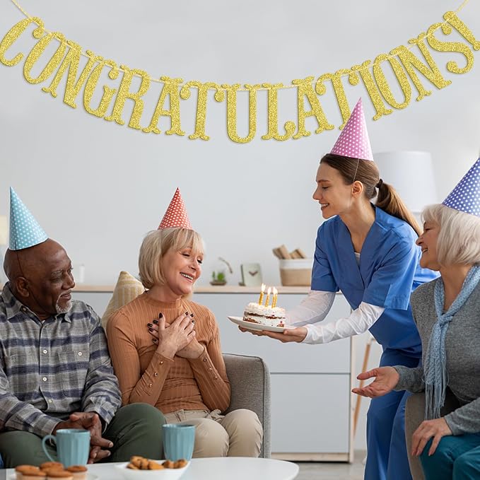 Congratulations Banner, Graduation Party Decor | Gold Glitter Congrats Sign - Image 8