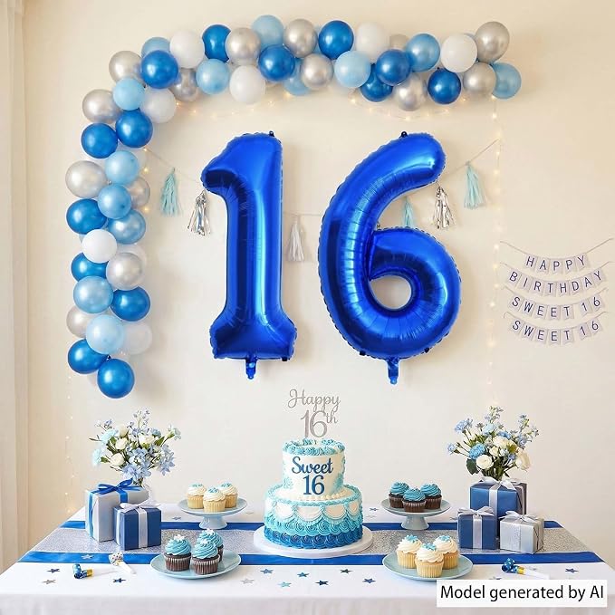 Navy Blue Number 16 Balloon 40 Inch, Shiny Foil Sweet 16 Party Supplies | Deep - Image 7
