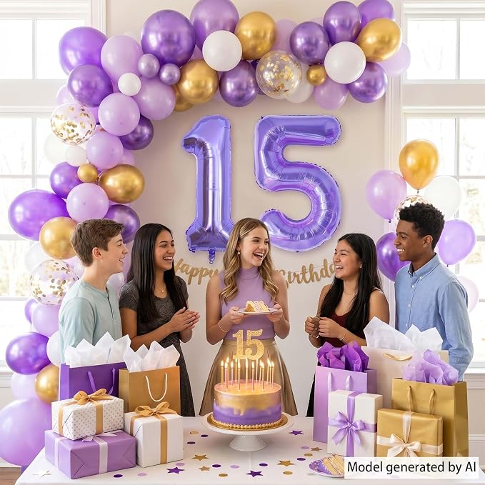 Purple Number 15 Balloon 40 Inch, Large Metallic Lavender Mylar Foil 15 Balloons - Image 7