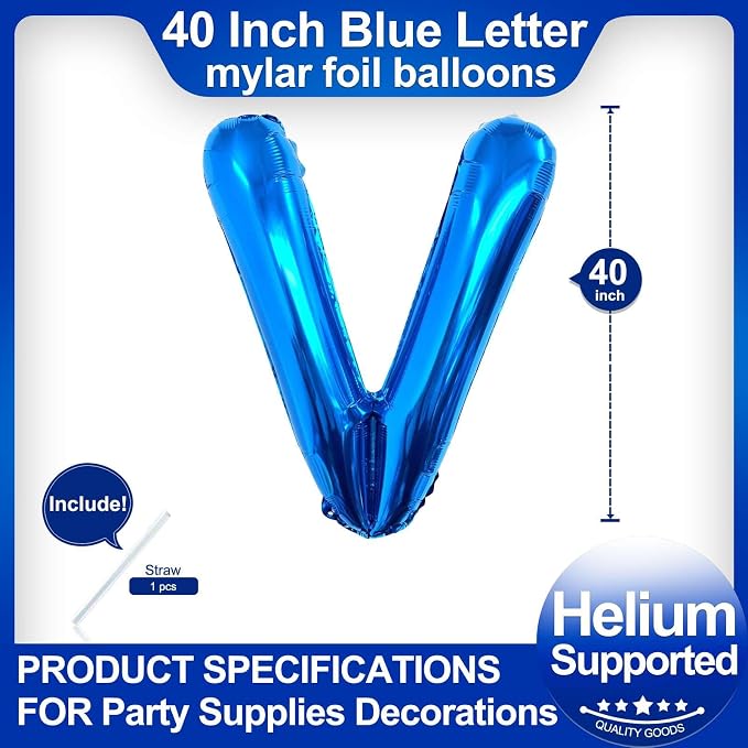 40 Inch Blue Letter V Balloons, DIY Phrase Foil Alphabet Letter V Balloons DIY - Image 2