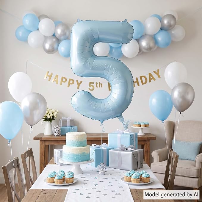 Baby Blue Number 5 Balloon 40 Inch, Sky Pastel Foil Numeral Party Supplies | - Image 7