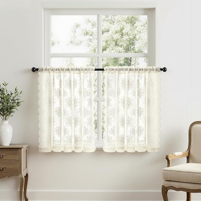 MIULEE Vintage Floral Scalloped Lace Curtains 2 Panels, Ivory 52" W x 36" L | - Image 7