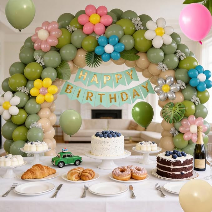 Daisy Flower Balloon Arch Kit, Spring Fairy Sage Green Nude Balloons Garland - Image 8