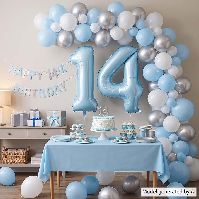 Baby Blue Number 14 Balloon 40 Inch, Sky Pastel Foil Digits Party Supplies | - Image 7