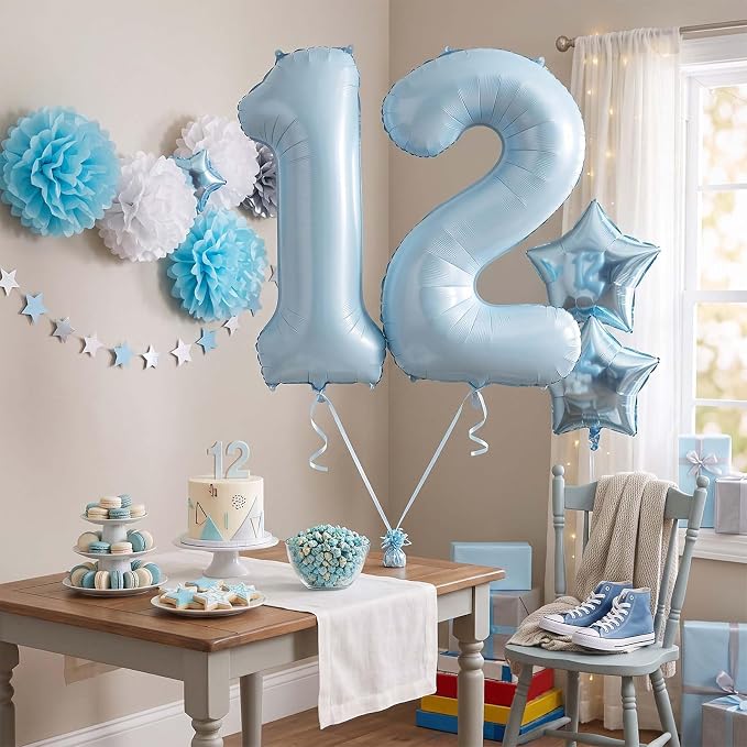 Baby Blue Number 12 Balloon 40 Inch, Foil Sky Pastel Numeral Party Supplies | - Image 7
