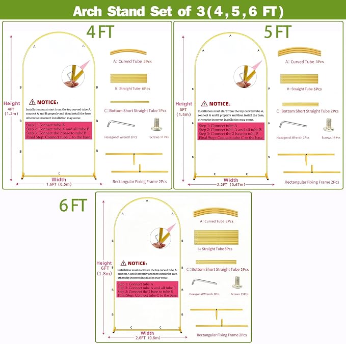 3 Pack Metal Wedding Arch Backdrop Gold Balloon Stand | Gold Arch Backdrop Stand - Image 8
