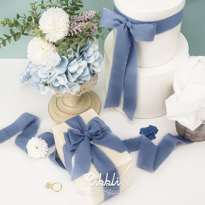 Ribbli 3 Rolls Dusty Blue Ribbon 1.5 Inch x 18Yards Handmade Cotton Frayed - Image 5